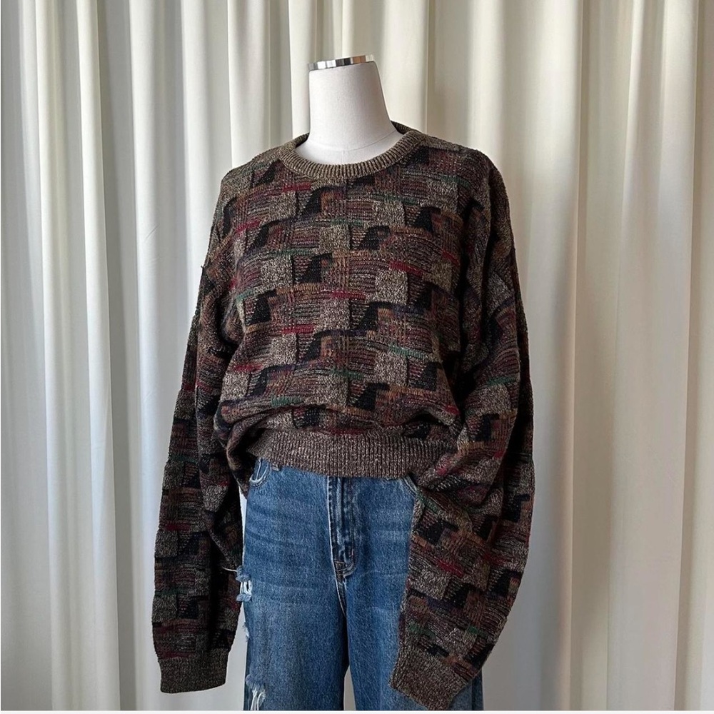 Vintage 90s Coogi Style Textured Knit Sweater Earth Tone Grandpa. - Picture 5 of 8